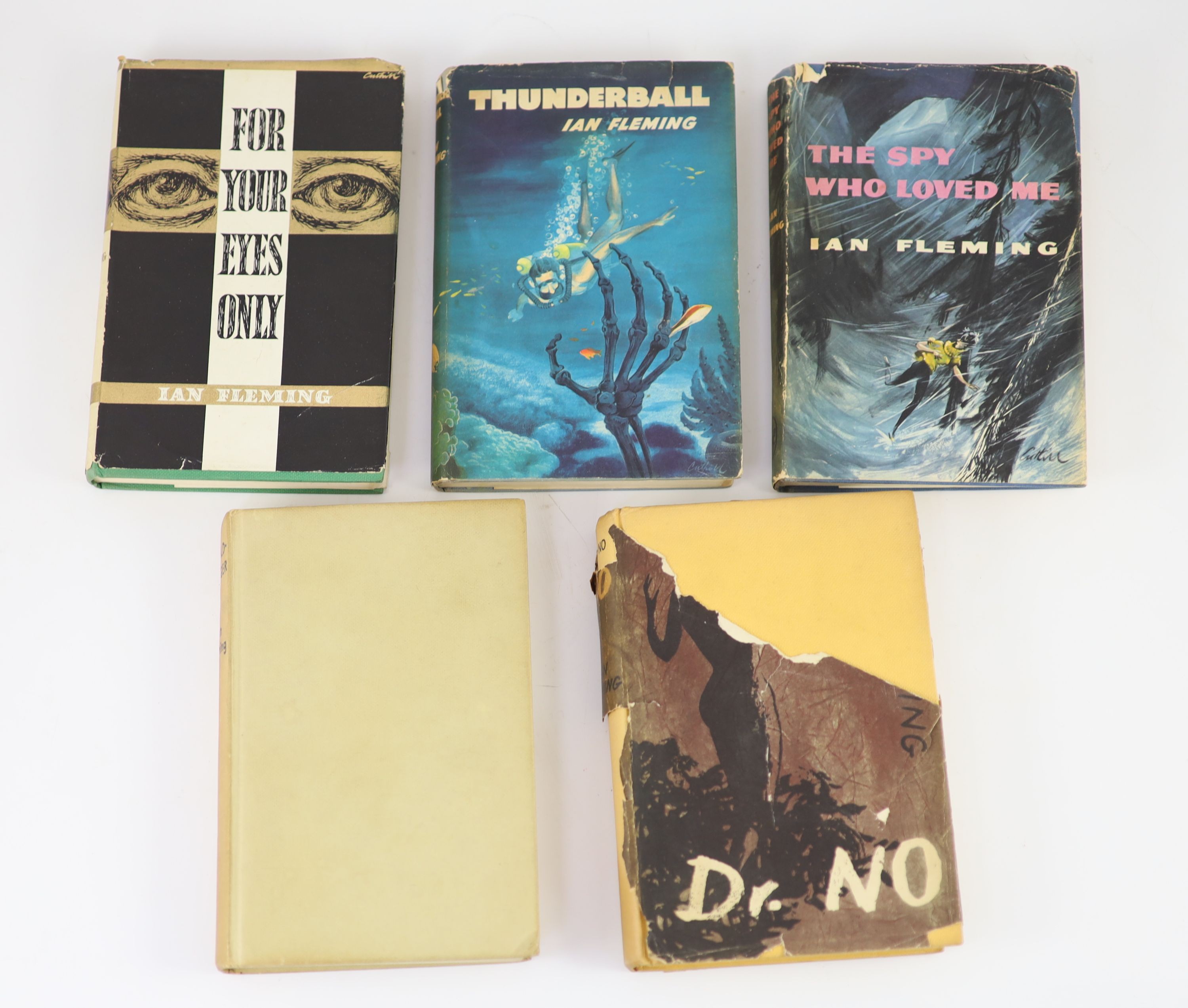 Fleming, Ian - 5 Book Club editions - Dr. No, with ragged, incomplete d/j, 1958; For Your Eyes Only, with unclipped d/j, 1960; Thunderball, with unclipped d/j, 1961; The Spy Who Loved Me, with unclipped d/j, 1962 and Gol
